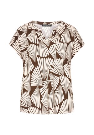 Blouse à manches courtes marron et beige avec un motif abstrait en forme d'éventail et un col en V.
