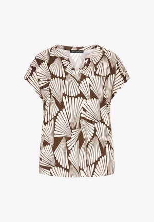 Blouse à manches courtes marron et beige avec un motif abstrait en forme d'éventail et un col en V.
