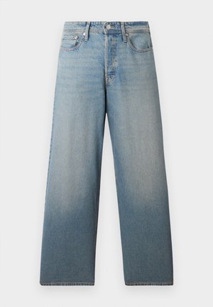 Jeans largi de culoare albastru deschis, confecționați din denim. Au un talie înaltă, un design clasic cu cinci buzunare și o ușoară decolorare pentru un efect uzat.