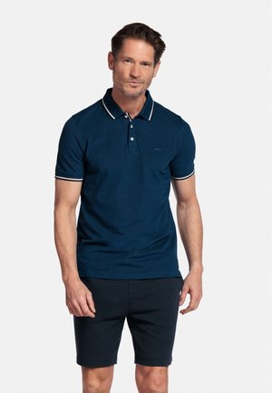 Navyblaues Poloshirt aus strukturiertem Stoff, mit Kragen und zweiknöpfiger Knopfleiste. Mit weißen Akzenten am Kragen und an den Ärmeln.