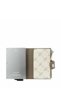 Portefeuille sécurisé RFID avec un porte-cartes en métal argenté et un cuir texturé blanc cassé orné d'un motif de feuilles. Intérieur marron avec fermeture à bouton-pression.