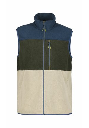 Fleeceveste med høj krave, lynlås og farveblokdesign i marineblå, olivengrøn og creme. Tekstureret stof med sidelommer.
