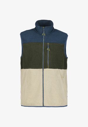 Fleecevest met een hoge kraag, ritssluiting en color-block ontwerp in marineblauw, olijfgroen en crème. Gestructureerde stof met zijzakken.
