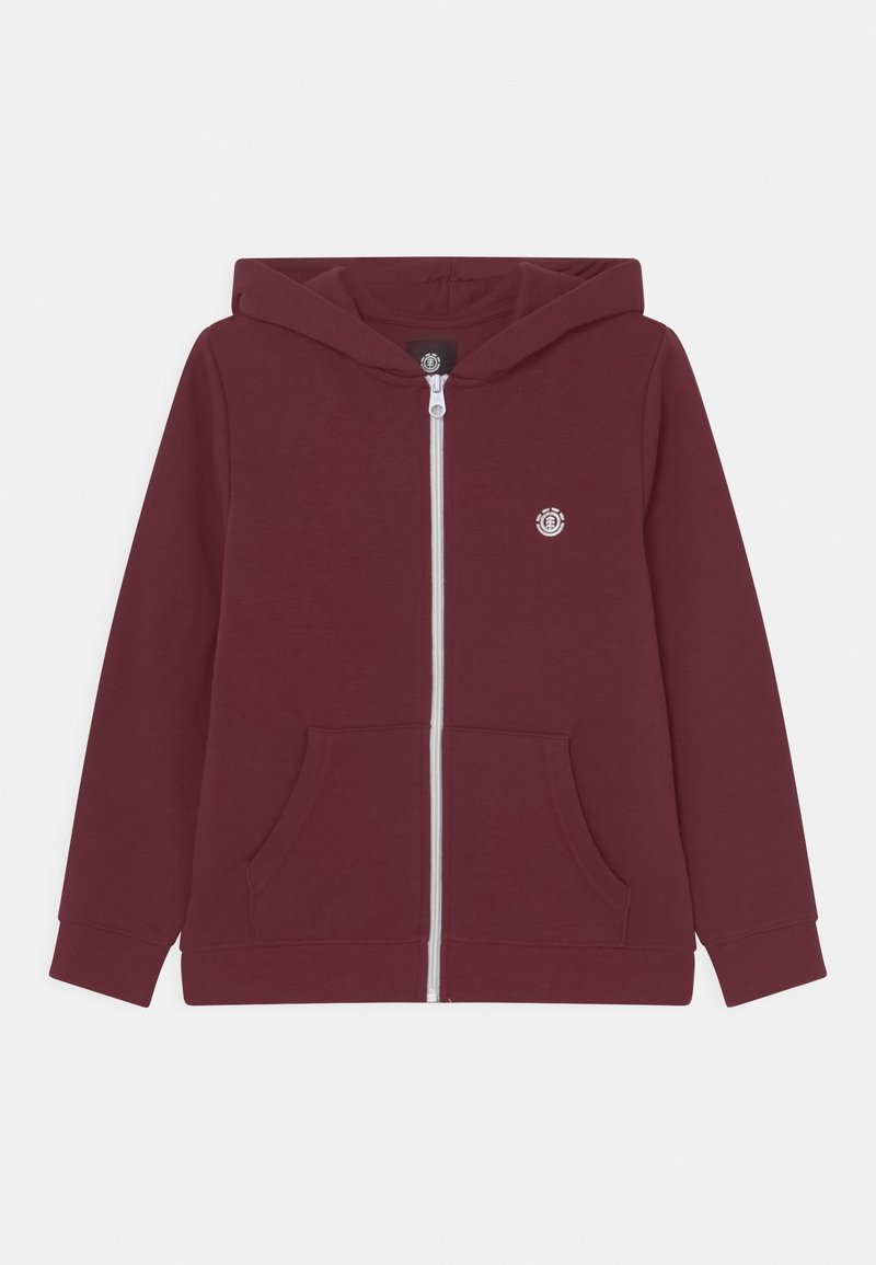 Sweat à capuche zippé marron avec poches frontales, manches longues, capuche attachée et petit logo rond blanc sur le côté gauche de la poitrine.