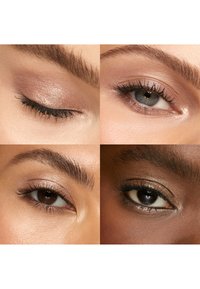 Fire close-up billeder af øjne, der viser forskellige øjenskyggestilarter. Teksturerne inkluderer glimmer og mat, med forskellige hudtoner og øjenvippe længder.