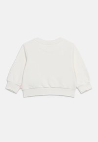 Sweat-shirt bébé blanc à manches longues avec poignets, encolure et ourlet côtelés, présenté de dos sur un fond uni.