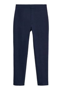 Pantaloni a sigaretta blu navy, alla caviglia, con frontale piatto, cuciture imbottite e spacchi laterali all'orlo.
