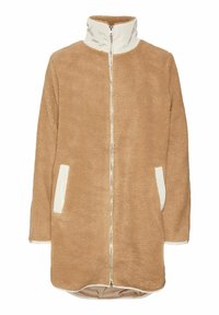 Giacca in pile color sabbia con colletto alto, cerniera completa e dettagli bianchi sulle tasche. Caratterizzata da una superficie morbida e testurizzata e una vestibilità comoda.