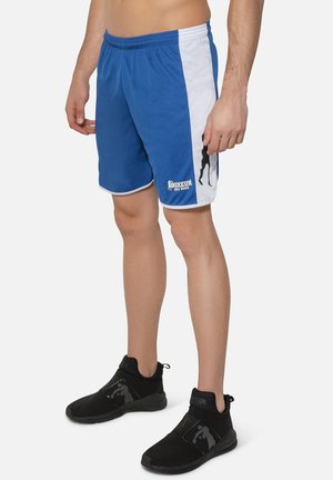 Blaue Sportshorts mit weißen Seitenpaneelen und einem Logo. Hergestellt aus leichtem Material, mit einem elastischen Bund und knielangem Design.