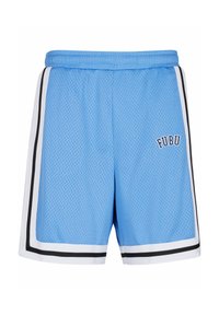 Shorts atletici din plasă de culoare bleu deschis, cu dungi laterale negre și albe, având logo-ul "FUBU" pe partea din față. Talie elastică.