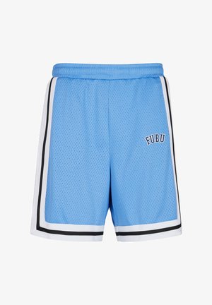 Light blue mesh athletic shorts with black and white side stripes, featuring the "FUBU" logo on the front. Elastic waistband.