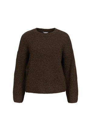 Brauner, gestrickter Pullover mit langen Ärmeln, Rundhalsausschnitt und lockerer Passform. Hat eine weiche Textur sowie gerippte Bündchen und Saum.
