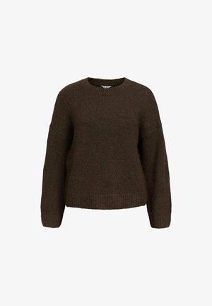 Brown, knitted sweater with long sleeves, a crew neck, and a relaxed fit. Features a soft texture and ribbed cuffs and hem.