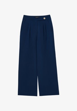 Pantaloni a gamba larga color navy realizzati in tessuto leggero, con pieghe frontali, tasche laterali e un bottone decorativo in vita.