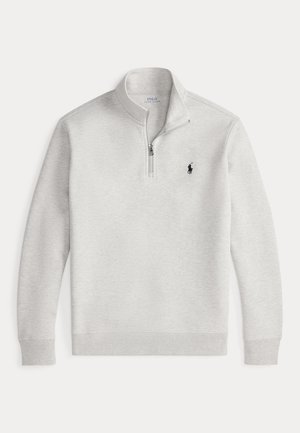 Svetlosivá mikina so zipsom do štvrtej časti, dlhými rukávmi a malým čiernym logom Polo Ralph Lauren na ľavej strane hrude.