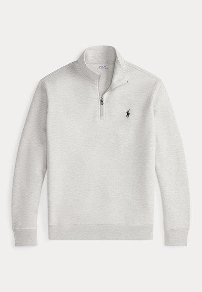 Lichtgrijze sweater met kwart ritssluiting, lange mouwen en een klein zwart Polo Ralph Lauren-logo op de linkerborst.