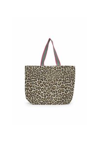Sac fourre-tout en imprimé léopard avec une forme rectangulaire, en toile, et des poignées rayées roses et vertes. Durable avec une surface texturée.