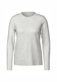 Un pull gris clair en matériau tricoté doux. Il présente un col rond, des manches longues et un ourlet côtelé. Design simple avec une texture lisse.