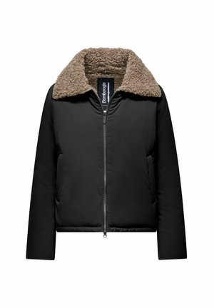 Zwarte zip-up jas met een beige, pluizige bontkraag. Voorzien van zijzakken en een gewatteerd ontwerp voor warmte. Gelabeld met "Bombboogie."
