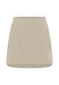 Beige skaterrok met een gladde textuur, elastische tailleband en een schoon, eenvoudig ontwerp. Heeft een licht uitlopende vorm en een rechte zoom.