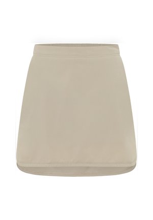 Beige skater skirt with a smooth texture, elastic waistband, and a clean, simple design. Features a slightly flared shape and straight hem.