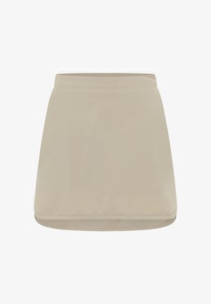 Beige skater skirt with a smooth texture, elastic waistband, and a clean, simple design. Features a slightly flared shape and straight hem.