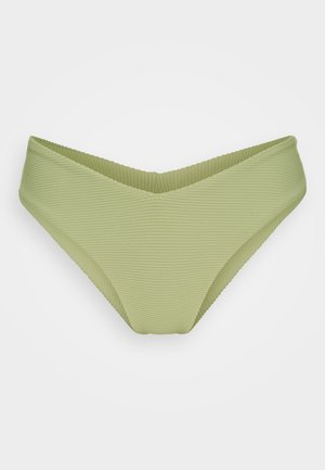 Zelene bikinice z rebrasto strukturo, z v-oblikovanim sprednjim delom, brezšivnimi robovi in teksturiranim zaključkom. Oblikovano za tesno prileganje.