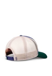 Șapcă de baseball cu plasă la spate, cu o vizieră verde, secțiune superioară albastră și curea ajustabilă. Prezintă un design respirabil și materiale texturate.