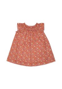 Abito rosso con maniche corte a volant, scollatura arricciata e una silhouette fluida. I motivi presentano fiori gialli e bianchi su uno sfondo rosso.