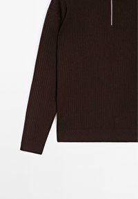 Dunkelbrauner Rippenpullover mit hohem Kragen, ausgestattet mit einem kurzen silbernen Reißverschluss. Lange Ärmel und strukturierter Stoff verleihen einen gemütlichen Look.