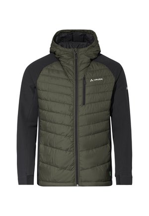 Isolierte Kapuzenjacke in Grün und Schwarz. Gepolsterter Körper mit gestepptem Textur, glatte Ärmel, Reißverschluss und Logodetail auf der Brust.