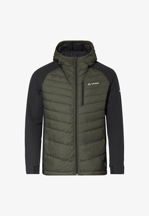 Giacca a vento imbottita, verde e nera. Corpo imbottito con texture trapuntata, maniche lisce, chiusura con zip e dettagli con logo sul petto.