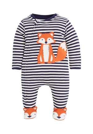 Tengerészkék-fehér csíkos baba overál narancssárga róka applikációval a mellrészen és hozzáillő róka fej mintákkal a lábfejeknél.