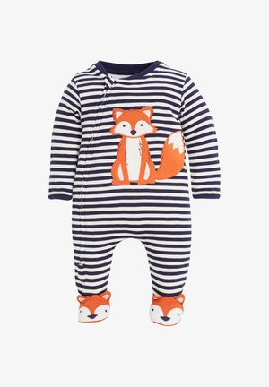 Tamsiai mėlynas ir baltas dryžuotas kūdikių kombinezonas su oranžine lapės aplikacija ant krūtinės ir derančiomis lapės veidais ant kojų.