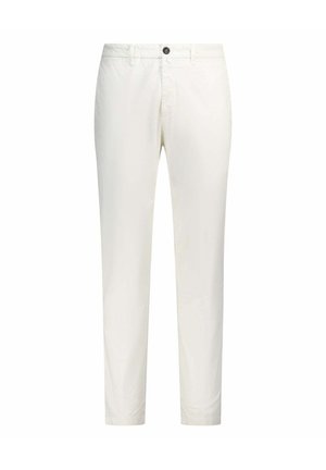 Pantaloni bianchi da uomo a taglio slim con passanti per cintura, chiusura frontale con bottoni e zip, posati su sfondo bianco.