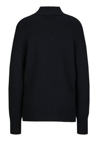 Donkerblauwe gebreide trui met een hoge kraag, verlaagde schouders en geribbelde manchetten en onderrand. Zachte textuur, ontspannen pasvorm en lange mouwen.