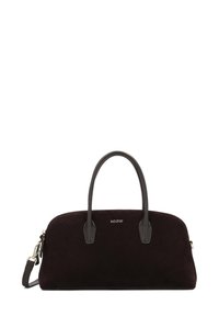 Black suede handbag with a smooth leather trim, dual rounded handles, a detachable strap, and metal zip closure. Logo embossed on front.