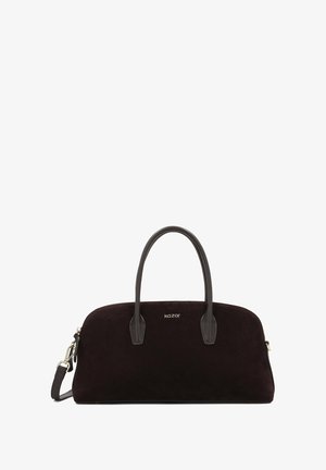 Must naine nahk-käekott, millel on sile nahkdetail, kaks ümmargust käepidet, eemaldatav rihm ja metallist tõmblukk. Logoga graveeritud esiküljel.