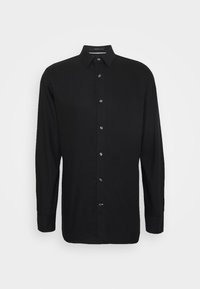 Svart långärmad skjorta med knappar, gjord av mjukt material. Har en klassisk krage och framknappning, med rak fåll och manschetter.