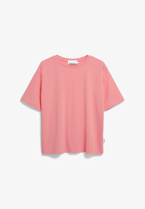 T-Shirt mit kurzen Ärmeln aus weichem rosa Baumwollstoff, mit rundem Halsausschnitt und lockerer Passform. Dezentes Markenlabel an der Seite.