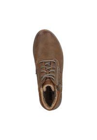 Chaussure en cuir marron avec lacets, dotée d'un intérieur doux et doublé de fourrure, d'une fermeture éclair sur le côté et d'une surface texturée. Design à bout rond.