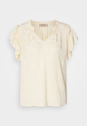 Krátký rukáv, halenka s výstřihem do V v světlé krémové barvě s texturovaným květinovým vzorem; má nabírané rukávy a uvolněný střih.