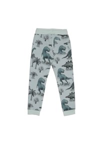 Dinosaur-printed sweatpants in light blue, featuring various dinosaur illustrations and palm trees. Elastic waistband and cuffed ankles.