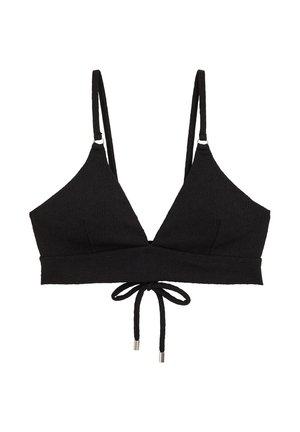 Zwarte beha van gestructureerde stof met dunne verstelbare bandjes, driehoekige cups en een voorstrikdetail met metalen uiteinden.