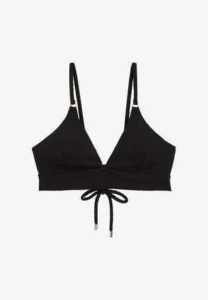 Fekete, texturált szövetből készült bralette vékony, állítható pántokkal, háromszög alakú kosarakkal és fém végekkel ellátott elöl megkötős részlettel.