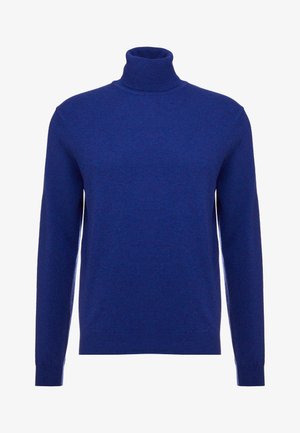 Pull à col roulé bleu pour homme à manches longues avec poignets et ourlet côtelés, tissu en maille unie, vue de face sur fond blanc.