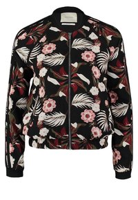 Sort zip-up bomberjakke med lyserøde og hvide blomster- og bladaffærer, ribbede manchetter og krave, elastisk linning og tynde hvide striber på ærmerne.