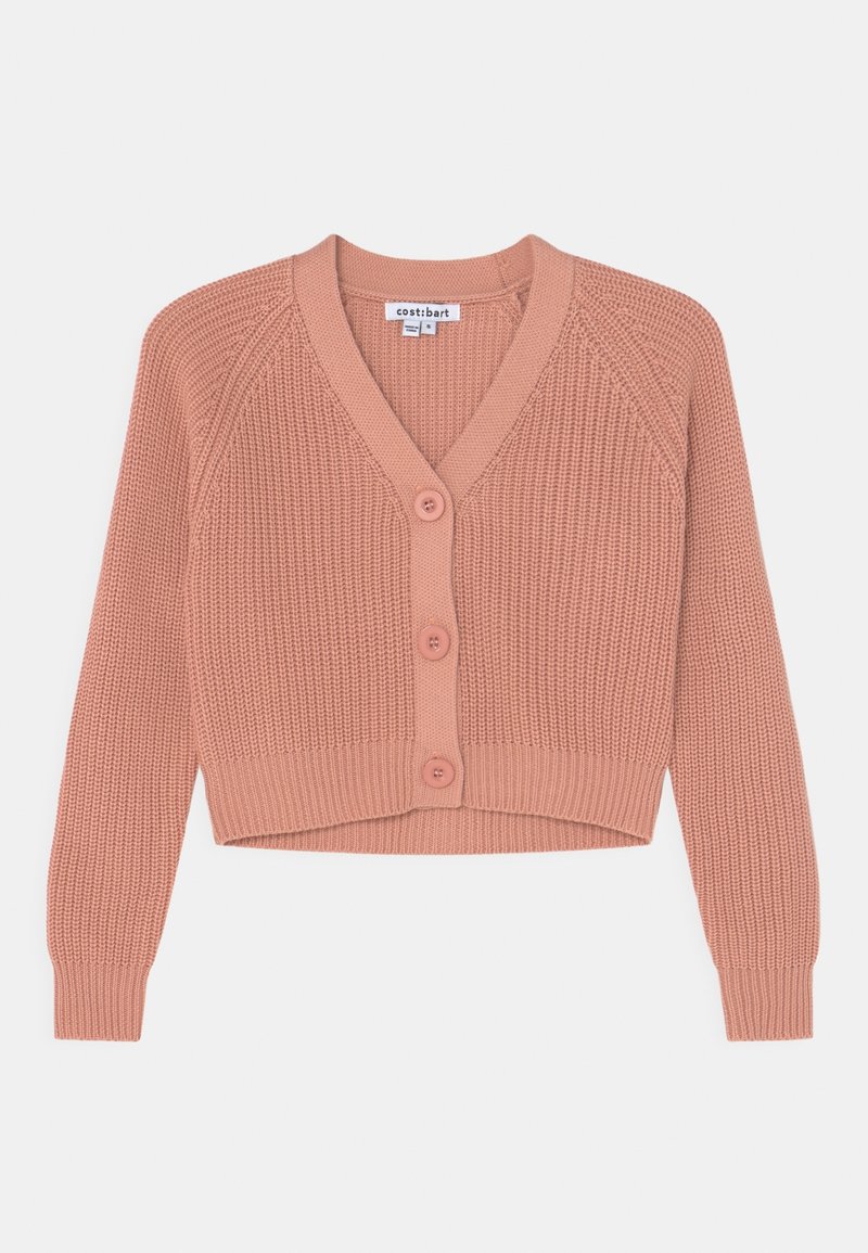 Gilet en tricot rose court avec un col en V, des manches raglan longues et quatre boutons assortis sur le devant. Design court avec un tissu texturé.