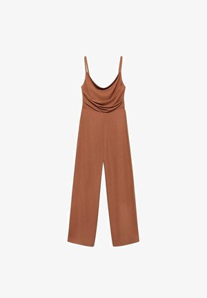 Brun ærmeløs jumpsuit med draperet halsudskæring, brede ben og en glat tekstur. Designet til en afslappet pasform.