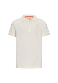Polo shirt beige chiaro in cotone, con colletto, maniche corte e un piccolo logo bianco sul petto. Finitura in tessuto texturizzato.